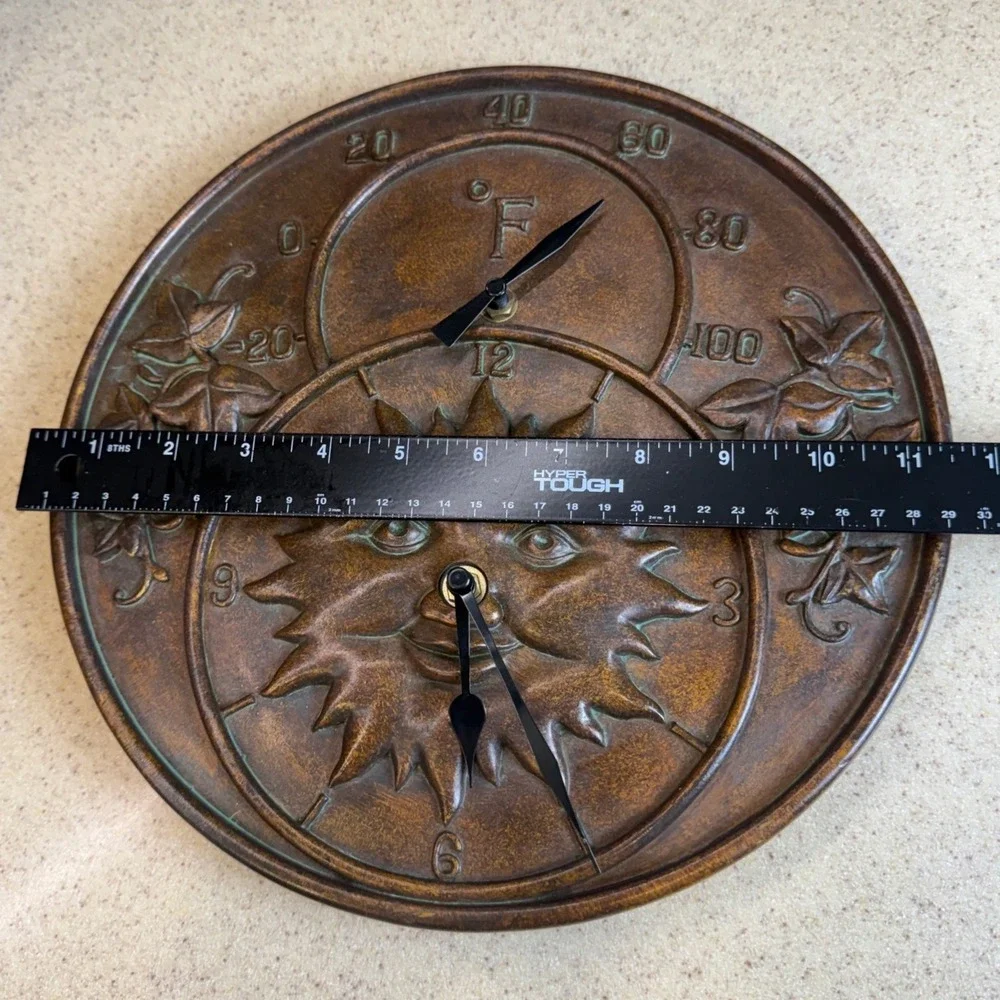 Bronze Sun Face Wall Clock & Thermometer Celestial Indoor/Outdoor Decor 11.5